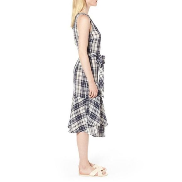 Nordstrom Signature Navy/White Plaid Faux Wrap Linen Dress Size 10 - Picture 6 of 11